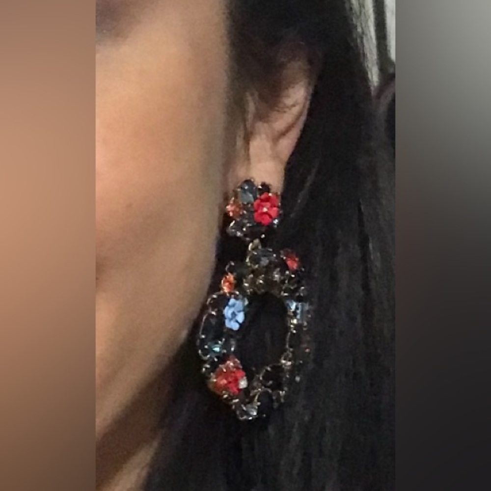 J. Crew Multicolor Flower Crystal Hoop Earrings - Picture 3 of 3
